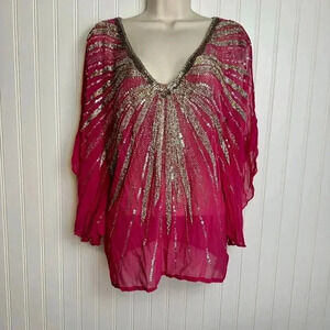 Boston Proper pink heavily beaded butterfly sleeve semi sheer top size small H36
